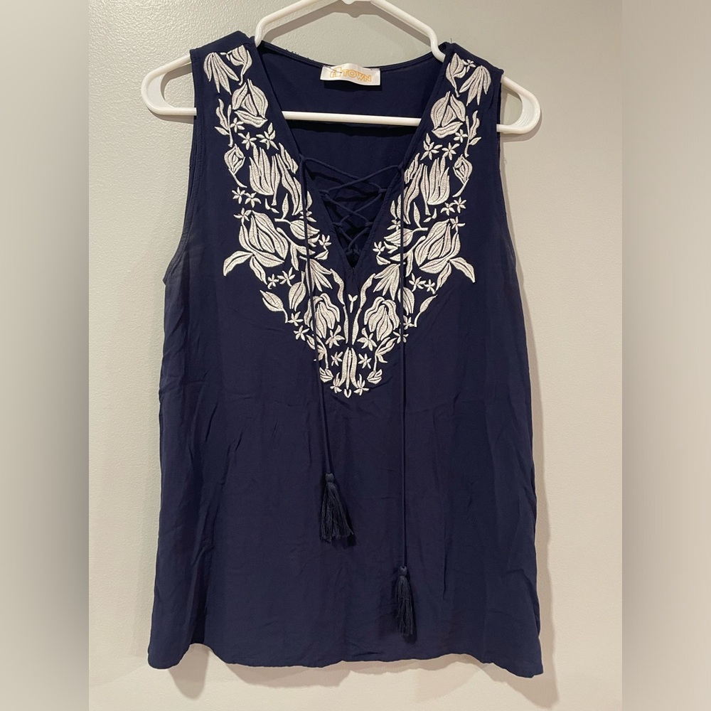 Atown Women’s Navy Embroidered Tank Top
